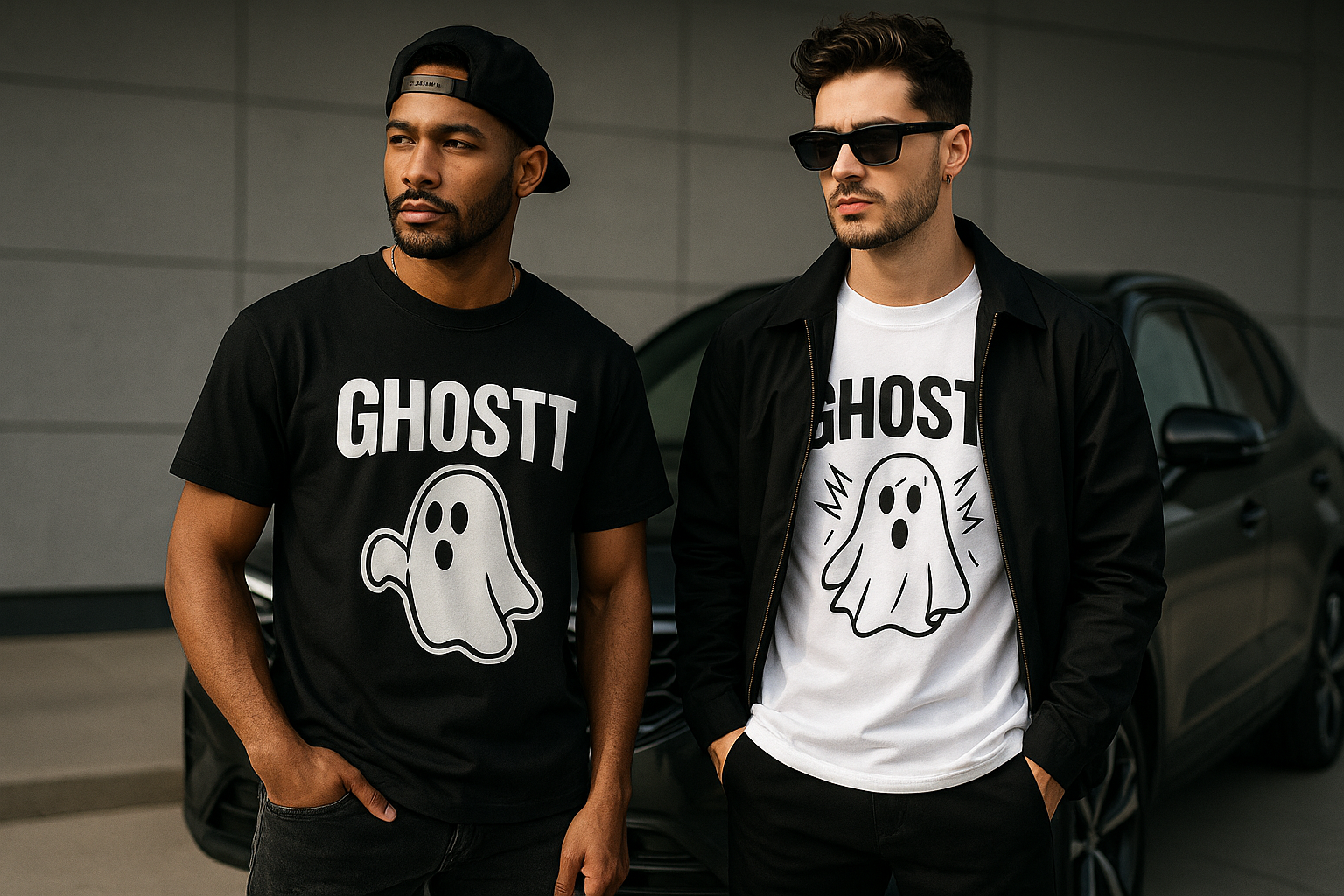 men wearing Ghostt Graphic tee, standing in front of car